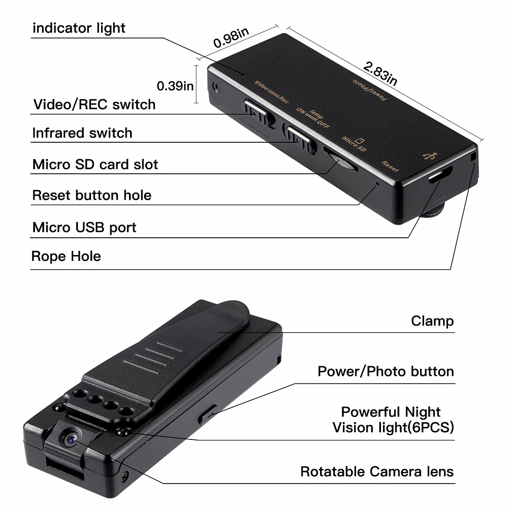 High-Definition Camera Rotate Back Clip Digital Voice Recorder- Black