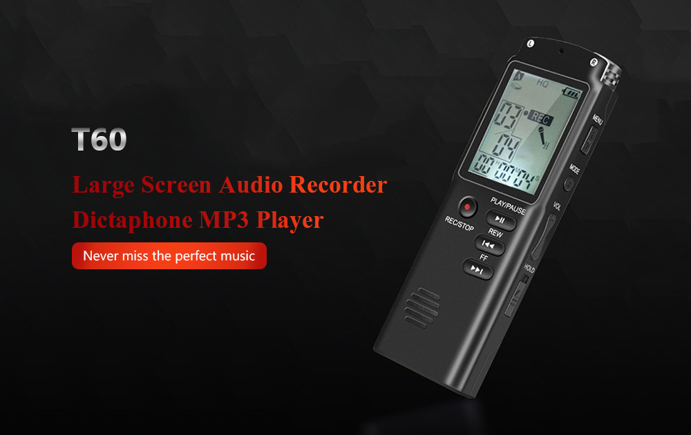 T60 Professional Voice Recording Device Large Screen Digital Audio Recorder Dictaphone MP3 Player- Black 16GB