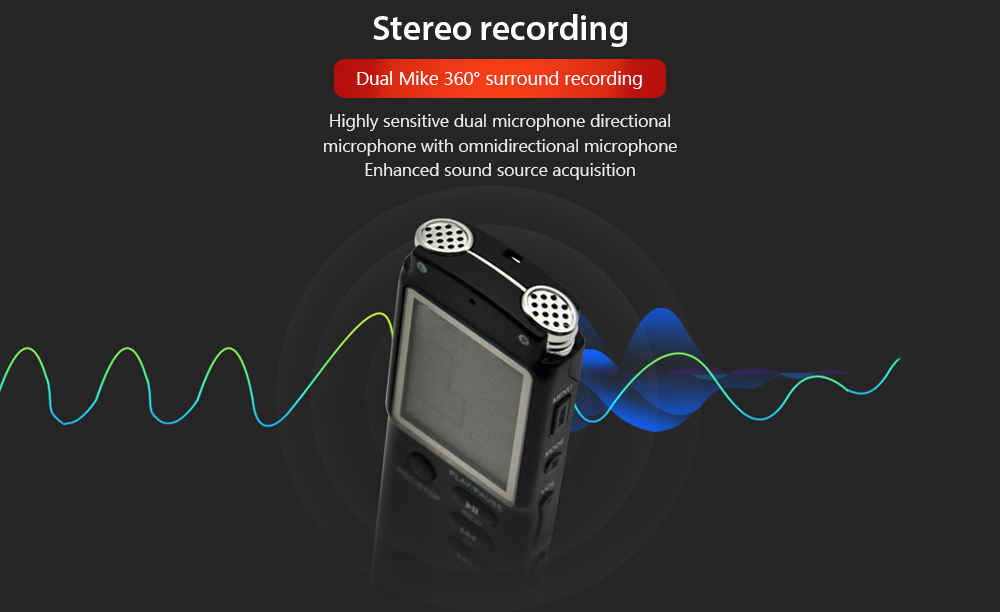 T60 Professional Voice Recording Device Large Screen Digital Audio Recorder Dictaphone MP3 Player- Black 16GB