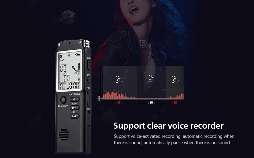 T60 Professional Voice Recording Device Large Screen Digital Audio Recorder Dictaphone MP3 Player- Black 16GB