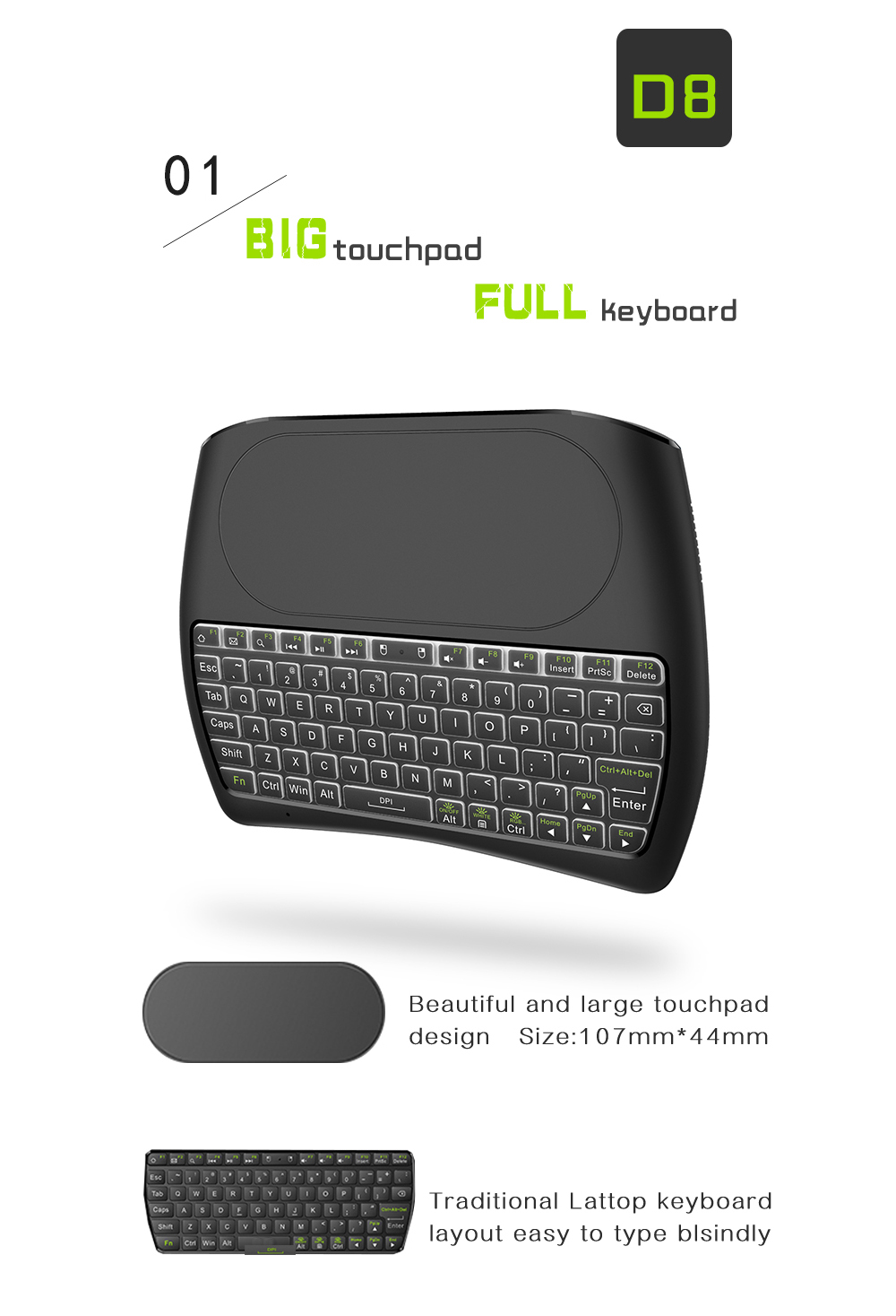 D8 Mini Key Air Mouse Large Screen Touchpad Mouse 2.4G Wireless Rechargeable Keyboard for Computer Android TV Box - Black