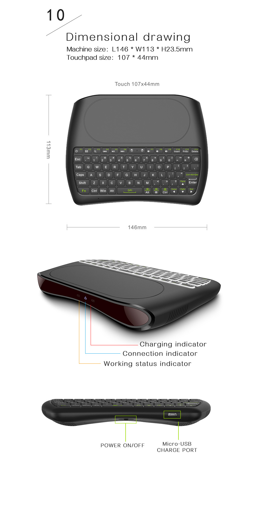 D8 Mini Key Air Mouse Large Screen Touchpad Mouse 2.4G Wireless Rechargeable Keyboard for Computer Android TV Box - Black