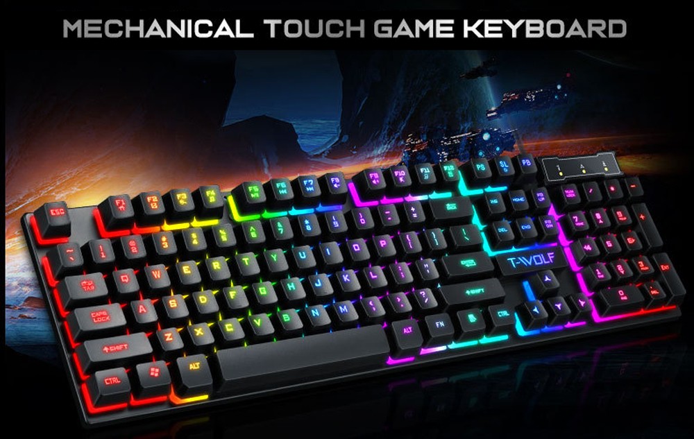 T-wolf T20 Wired Membrane Keyboard Computer Colorful Backlight Office Characters Illuminated - Black