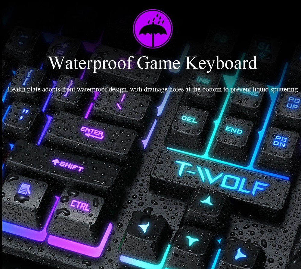 T-wolf T20 Wired Membrane Keyboard Computer Colorful Backlight Office Characters Illuminated - Black