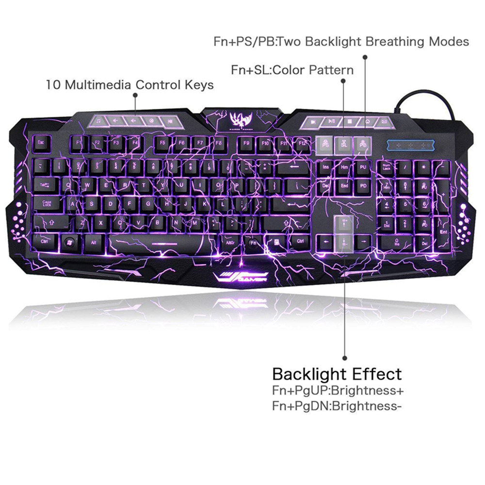 Tri-Color Backlit Computer Gaming USB Powered Full N-Key Game Keyboard - Black