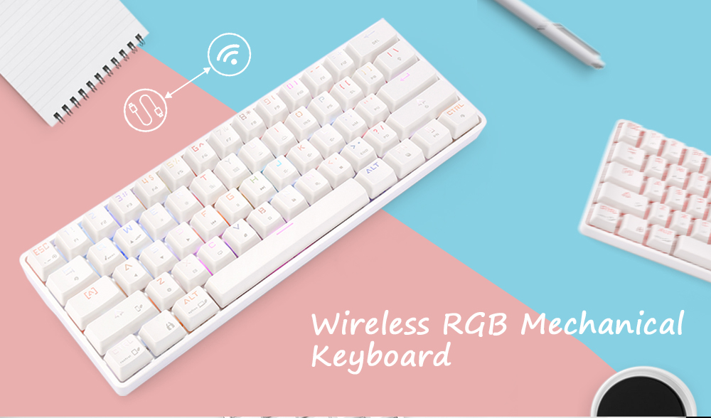 DK61 Desktop Wired Wireless Blue Switch 61 Keys Keyboard RGB Backlight for Home Game Office- White