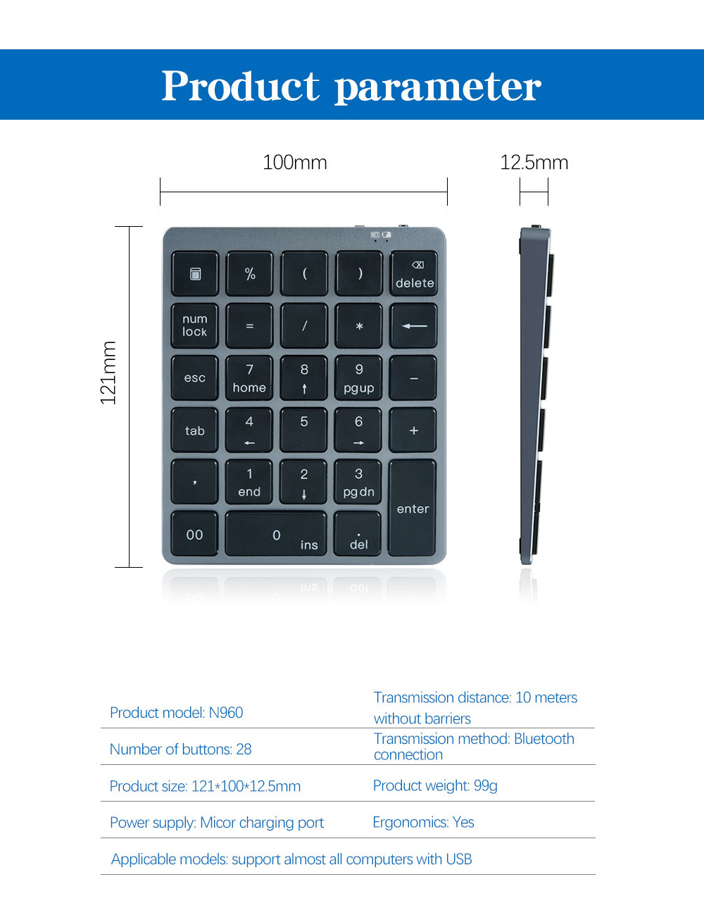 N960 Wireless 28-key Numeric Keypad Office Aluminum Bluetooth Wireless Charging Numeric Keypad Slim Mini - Black